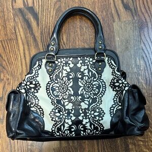 Isabella Fiore Black and Cream Leather Floral Satchel handbag